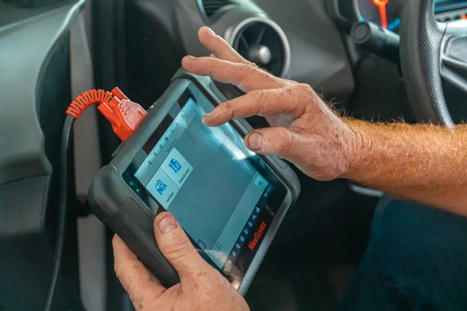 Handheld diagnostic programmer plugged into a vehicle's OBD-II port
