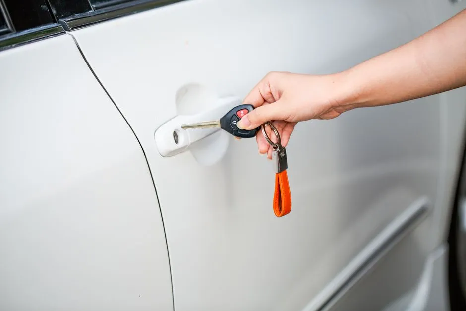 Hand holding a car key fob next to a vehicle door handle
